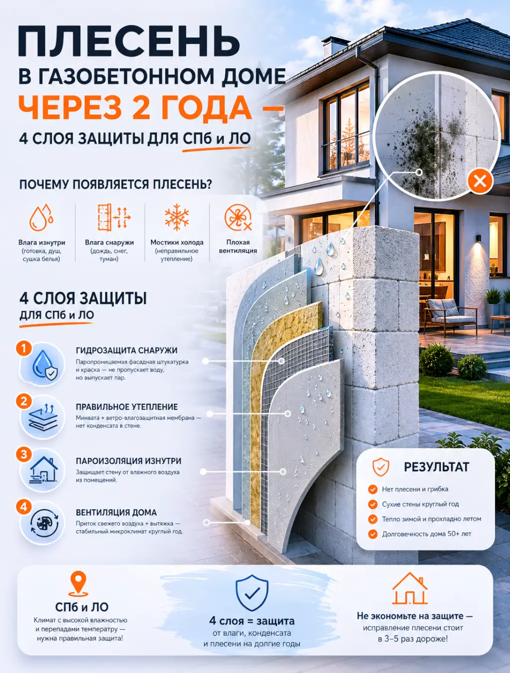 Плесень в газобетонном доме через 2 года — 4 слоя защиты для СПб и ЛО