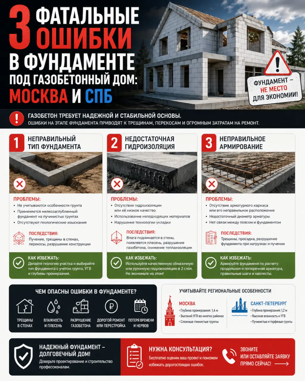 3 фатальные ошибки в фундаменте под газобетонный дом: Москва и СПб