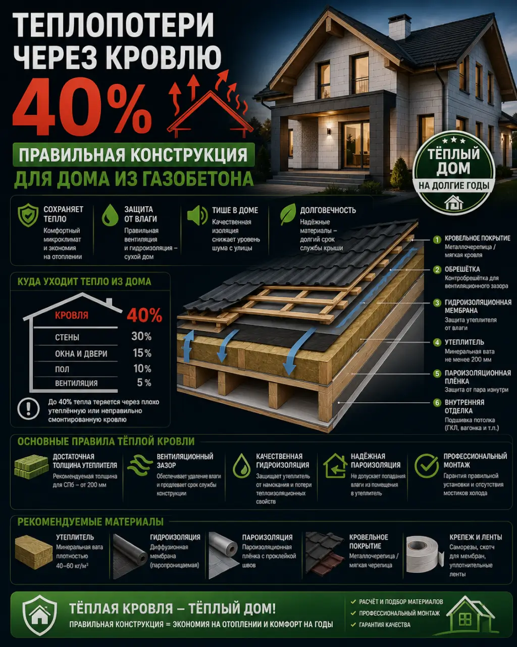 Теплопотери через кровлю 40% — правильная конструкция для дома из газобетона