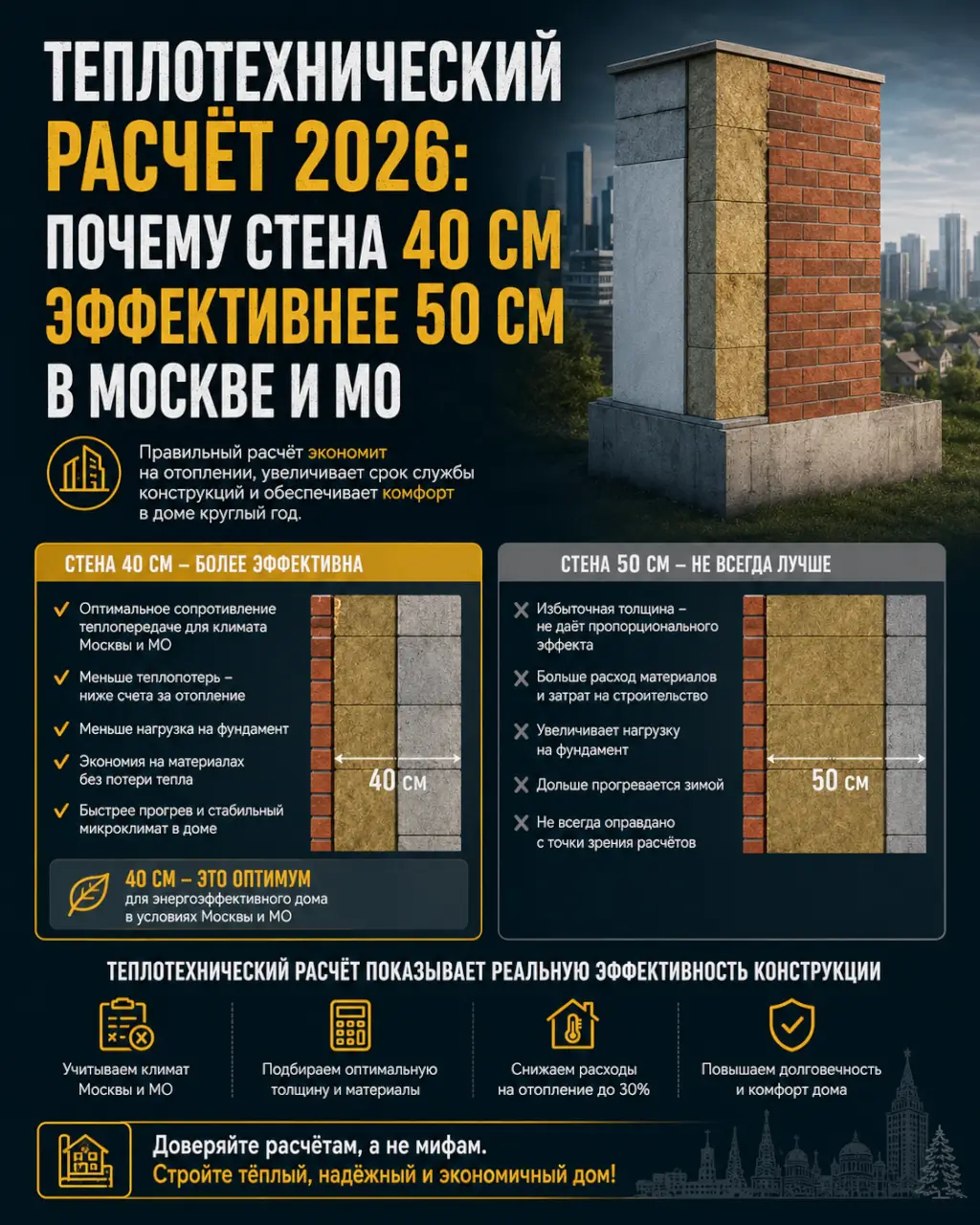 Теплотехнический расчёт 2026: почему стена 40 см эффективнее 50 см в Москве и МО