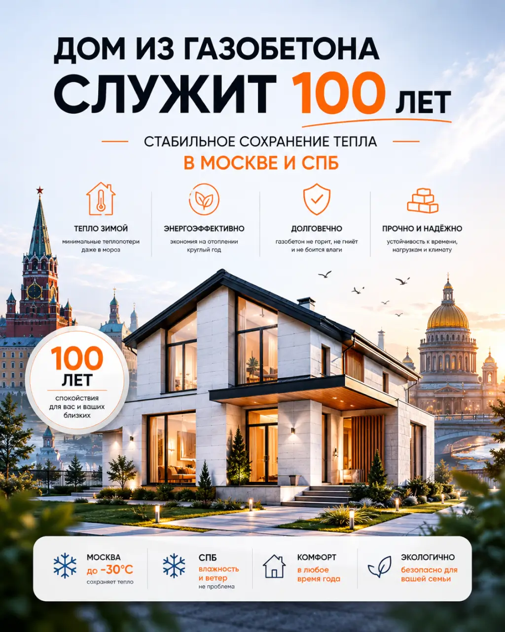 Дом из газобетона служит 100 лет — стабильное сохранение тепла в Москве и СПб