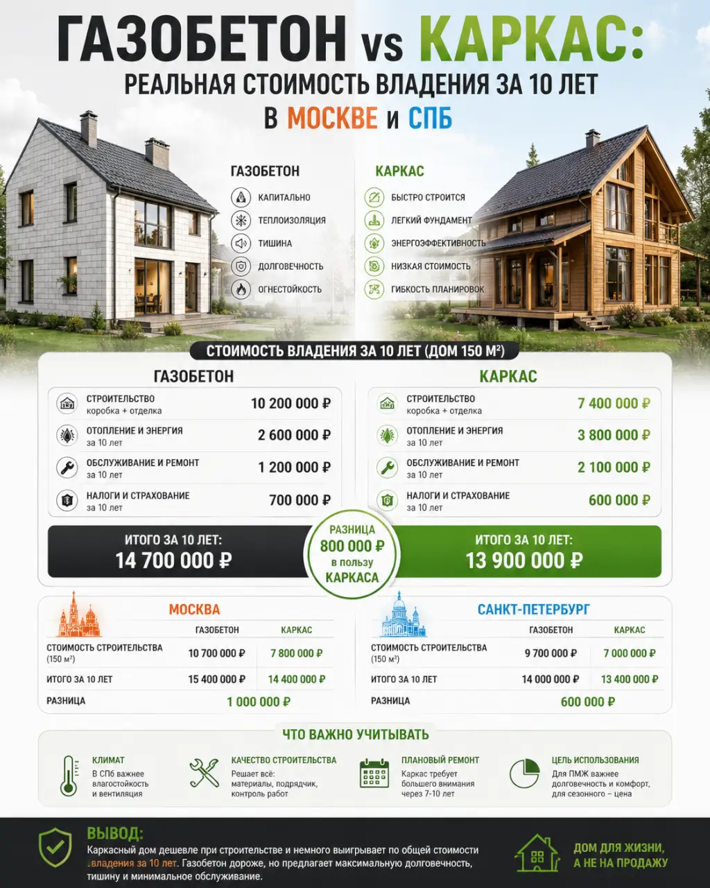 Газобетон vs каркас: реальная стоимость владения за 10 лет в Москве и СПб