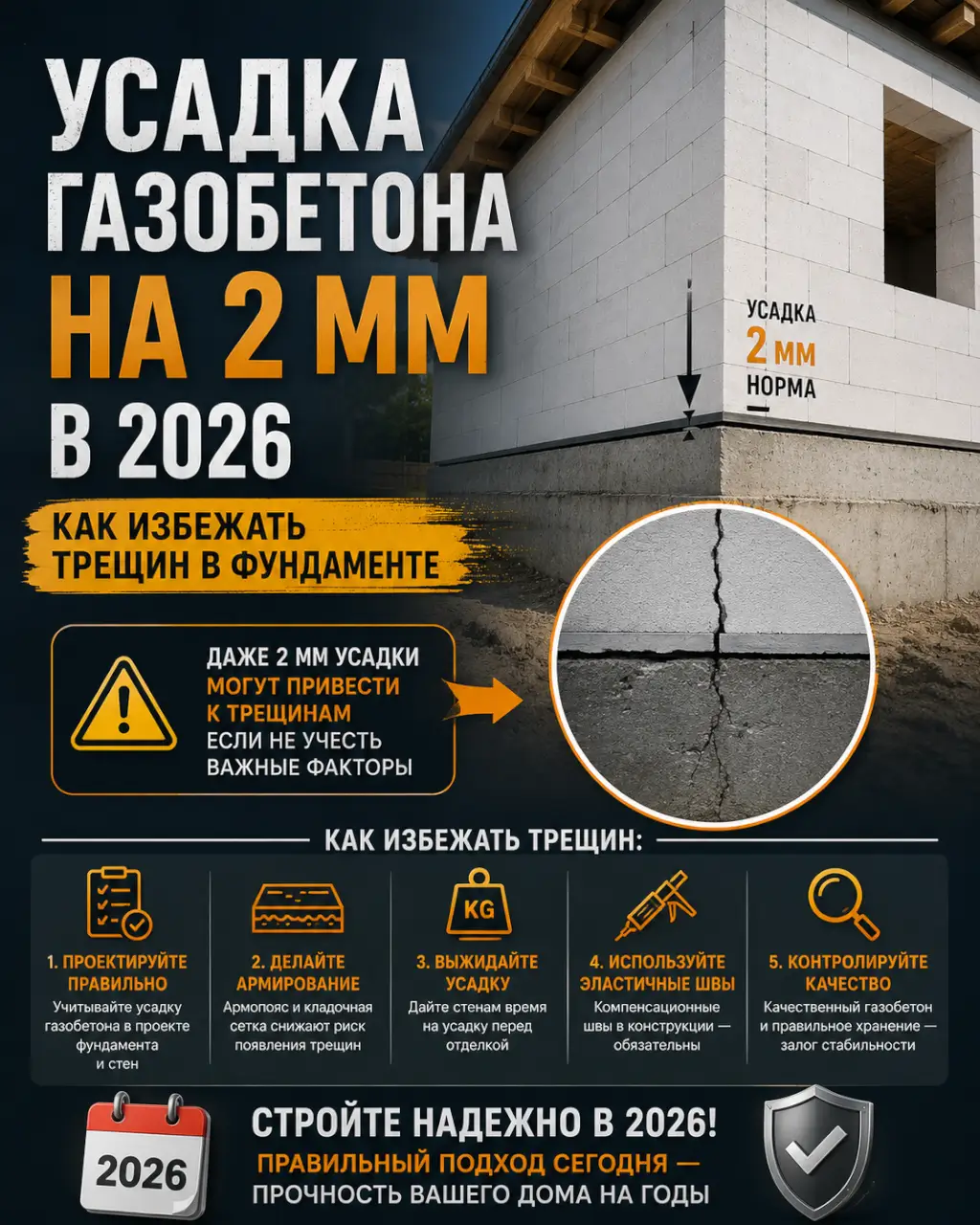 Усадка газобетона на 2 мм в 2026 — как избежать трещин в фундаменте