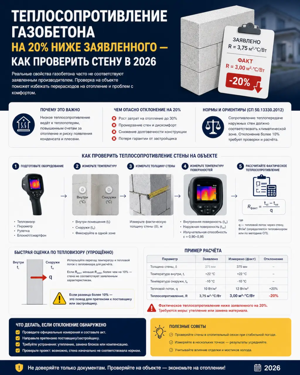 Теплосопротивление газобетона на 20% ниже заявленного — как проверить стену в 2026