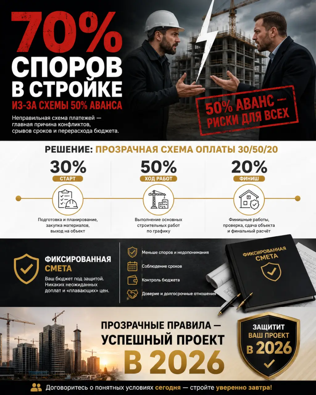 70% споров в стройке из-за схемы 50% аванса — график 30/50/20 и фиксированная смета защитят в 2026