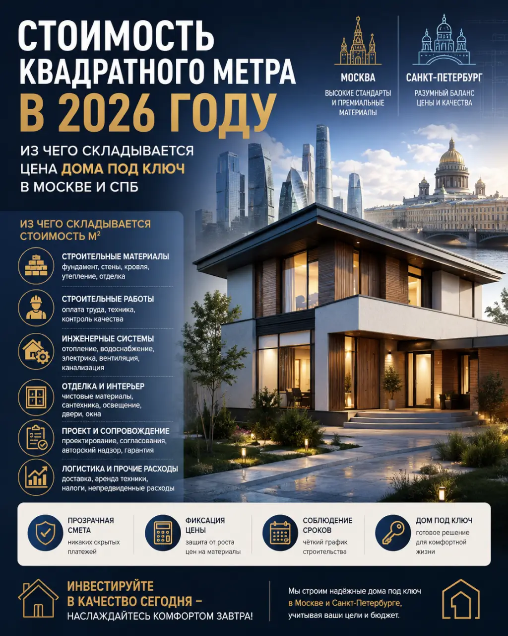 Стоимость квадратного метра в 2026 году — из чего складывается цена дома под ключ в Москве и СПб