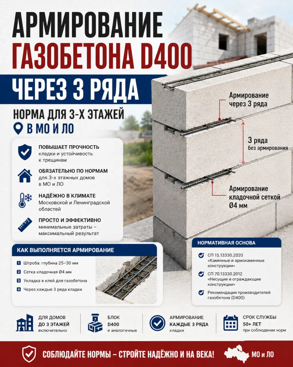 Армирование газобетона D400 через 3 ряда — норма для 3-х этажей в МО и ЛО