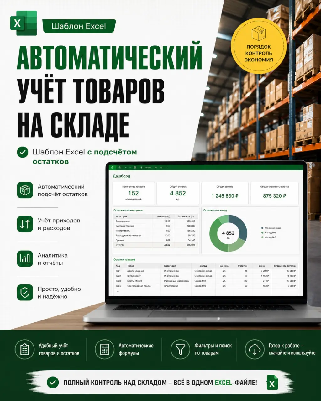 Автоматический учёт товаров на складе — шаблон Excel с подсчётом остатков — фото 1 из 1