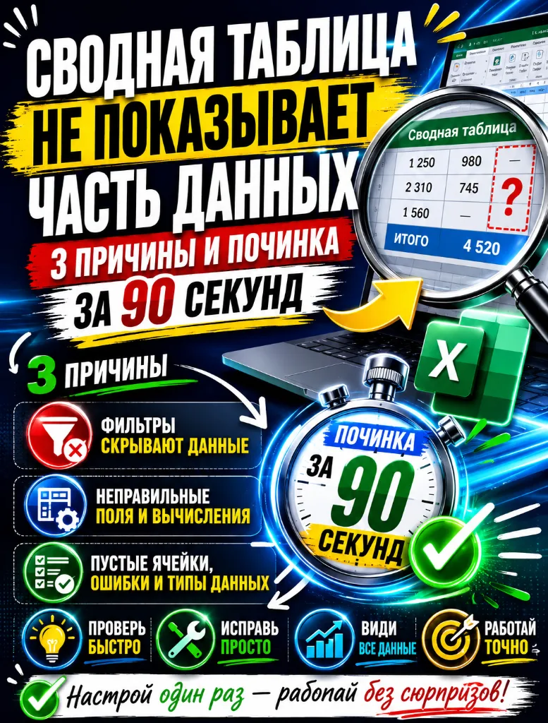Сводная таблица не показывает часть данных — 3 причины и починка за 90 секунд — фото 1 из 1