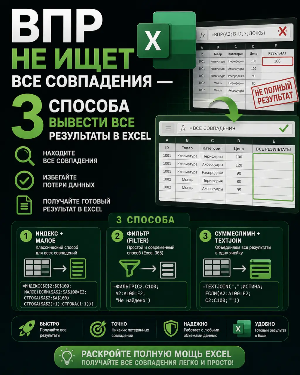 ВПР не ищет все совпадения — 3 способа вывести все результаты в Excel — фото 1 из 1