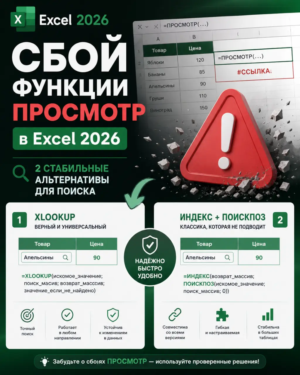 Сбой функции ПРОСМОТР в Excel — 2 стабильные альтернативы для поиска — фото 1 из 1