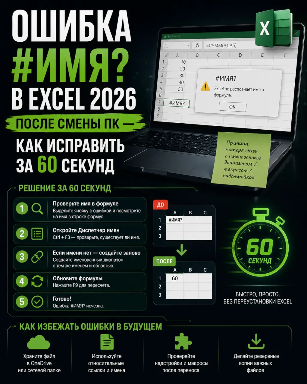 Ошибка #ИМЯ? в Excel после смены ПК — как исправить за 60 секунд — фото 1 из 1