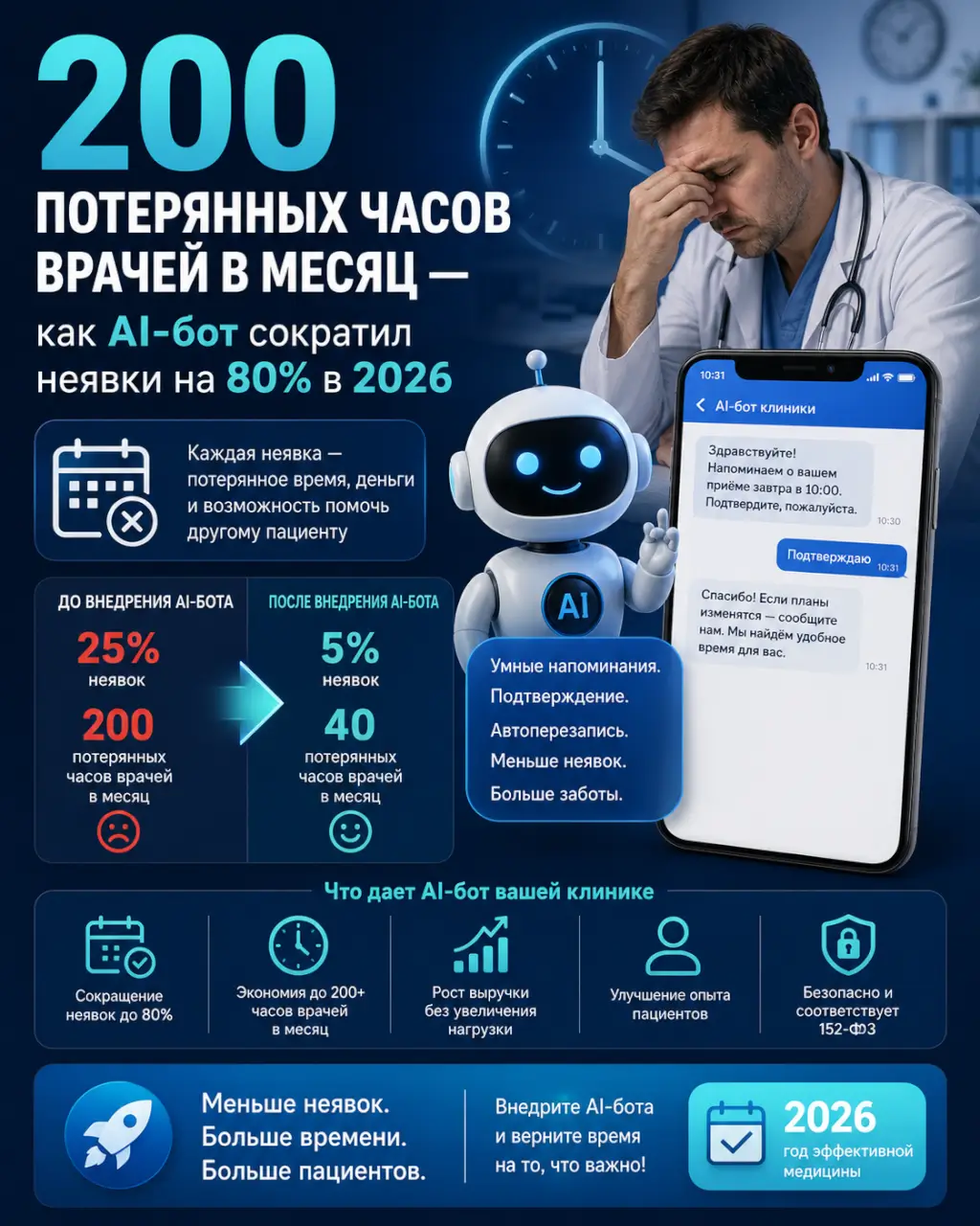 200 потерянных часов врачей в месяц: как AI-бот сократил неявки в клинике — фото 1 из 1