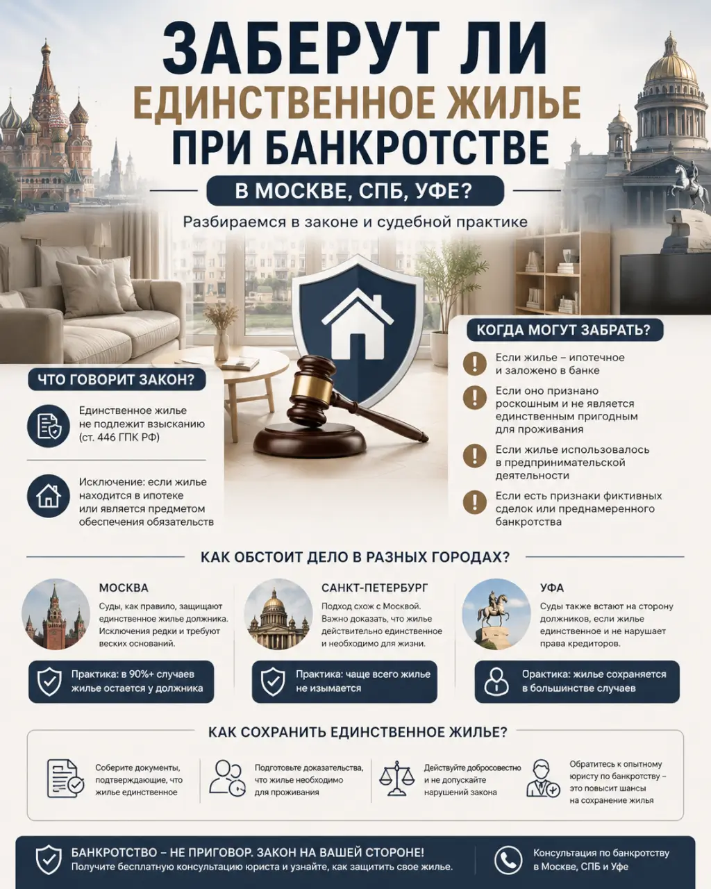 Заберут ли единственное жилье при банкротстве в Москве, СПБ, Уфе?