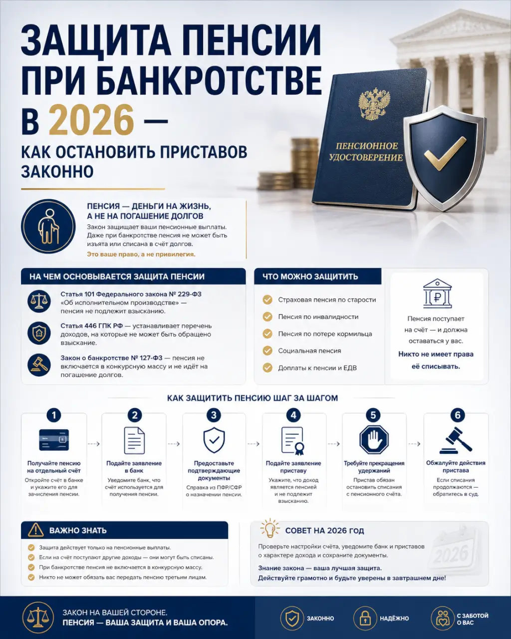 Защита пенсии при банкротстве в 2026 — как остановить приставов законно
