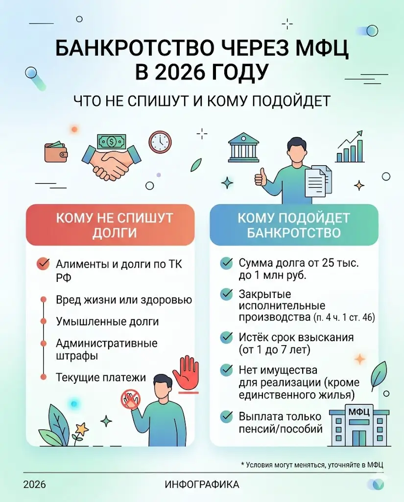 Банкротство через МФЦ в 2026 году — что не спишут и кому подойдет