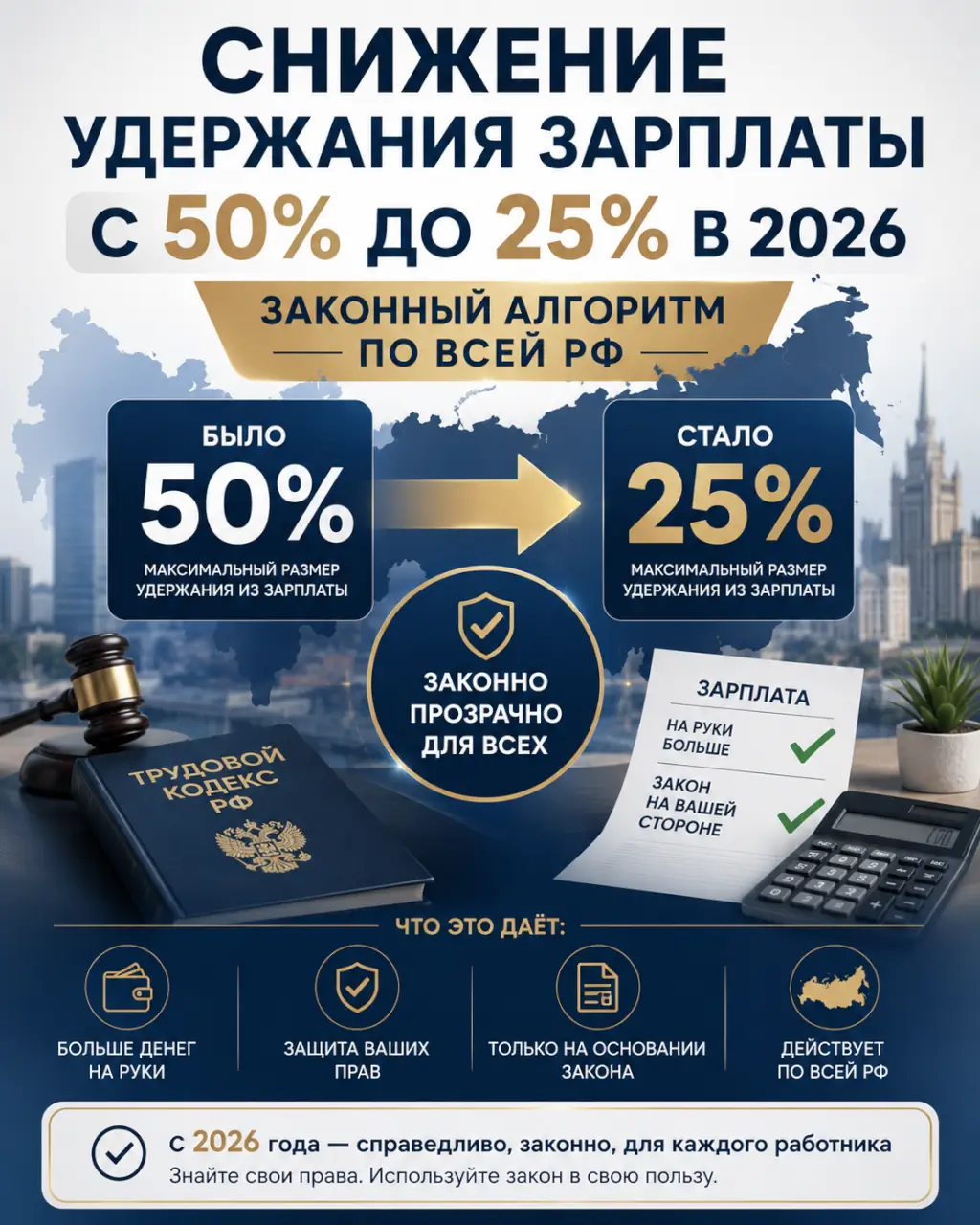 Снижение удержания зарплаты с 50% до 25% в 2026 — законный алгоритм по всей РФ — фото 1 из 1