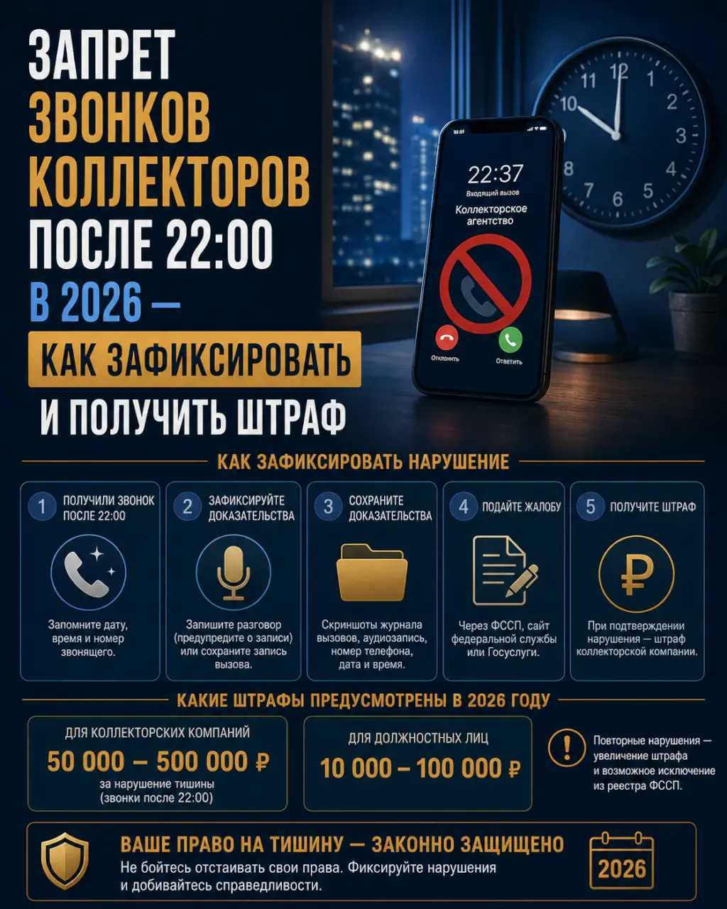 Запрет звонков коллекторов после 22:00 в 2026 — как зафиксировать и получить штраф — фото 1 из 1
