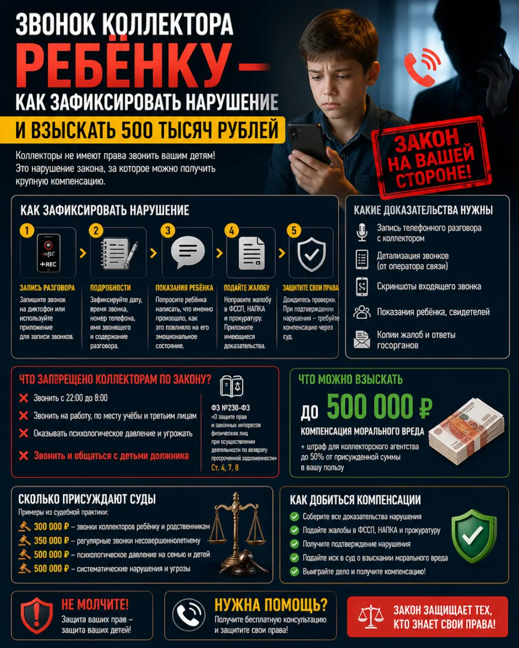 Звонок коллектора ребёнку — как зафиксировать нарушение и взыскать 500 тысяч рублей — фото 1 из 1