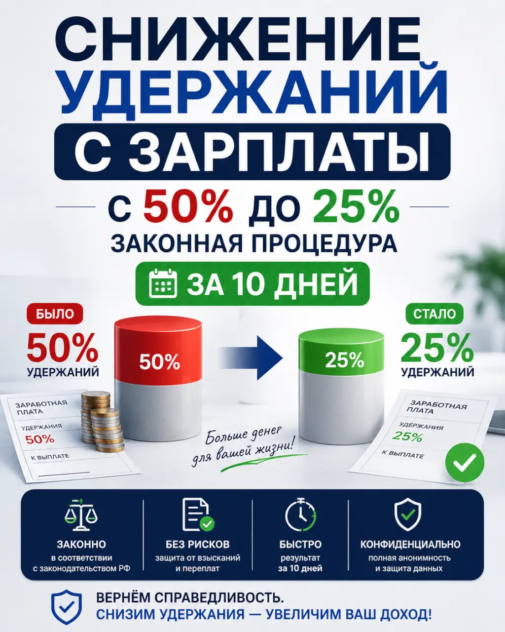 Снижение удержаний с зарплаты с 50% до 25% — законная процедура за 10 дней