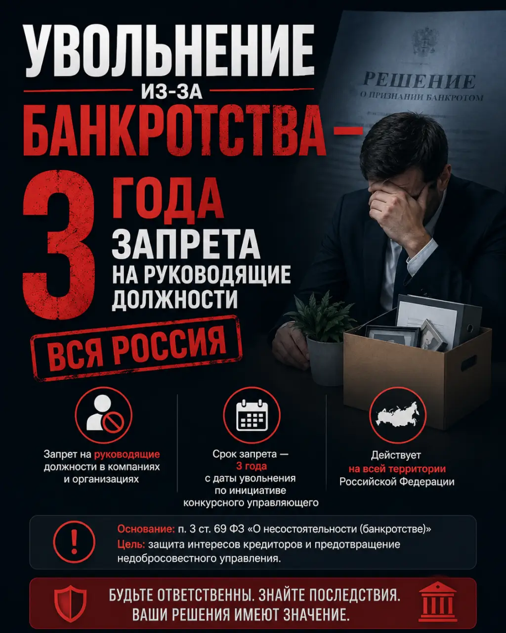 Увольнение из-за банкротства — 3 года запрета на руководящие должности. Вся Россия