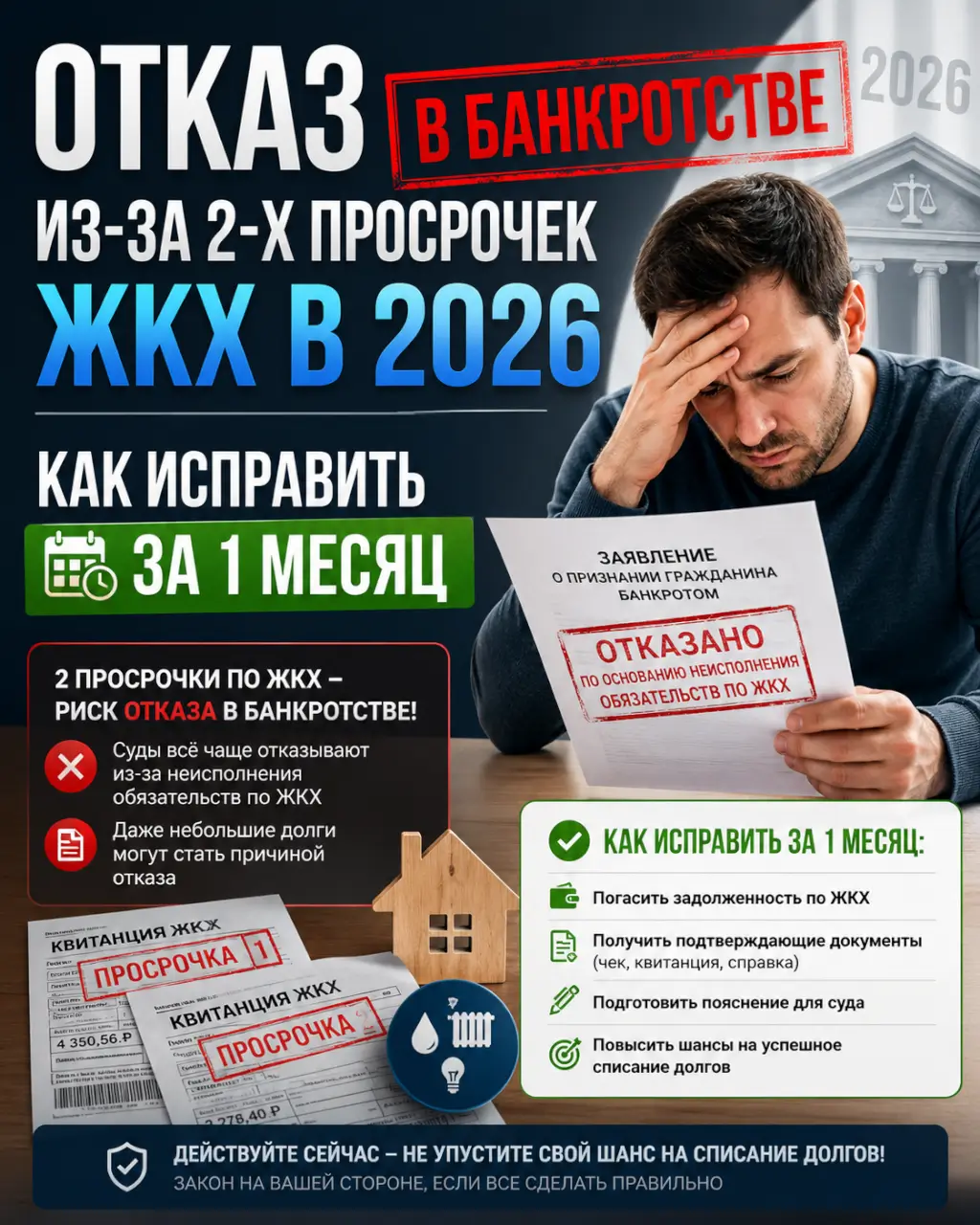Отказ в банкротстве из-за 2-х просрочек ЖКХ в 2026 — как исправить за 1 месяц — фото 1 из 1