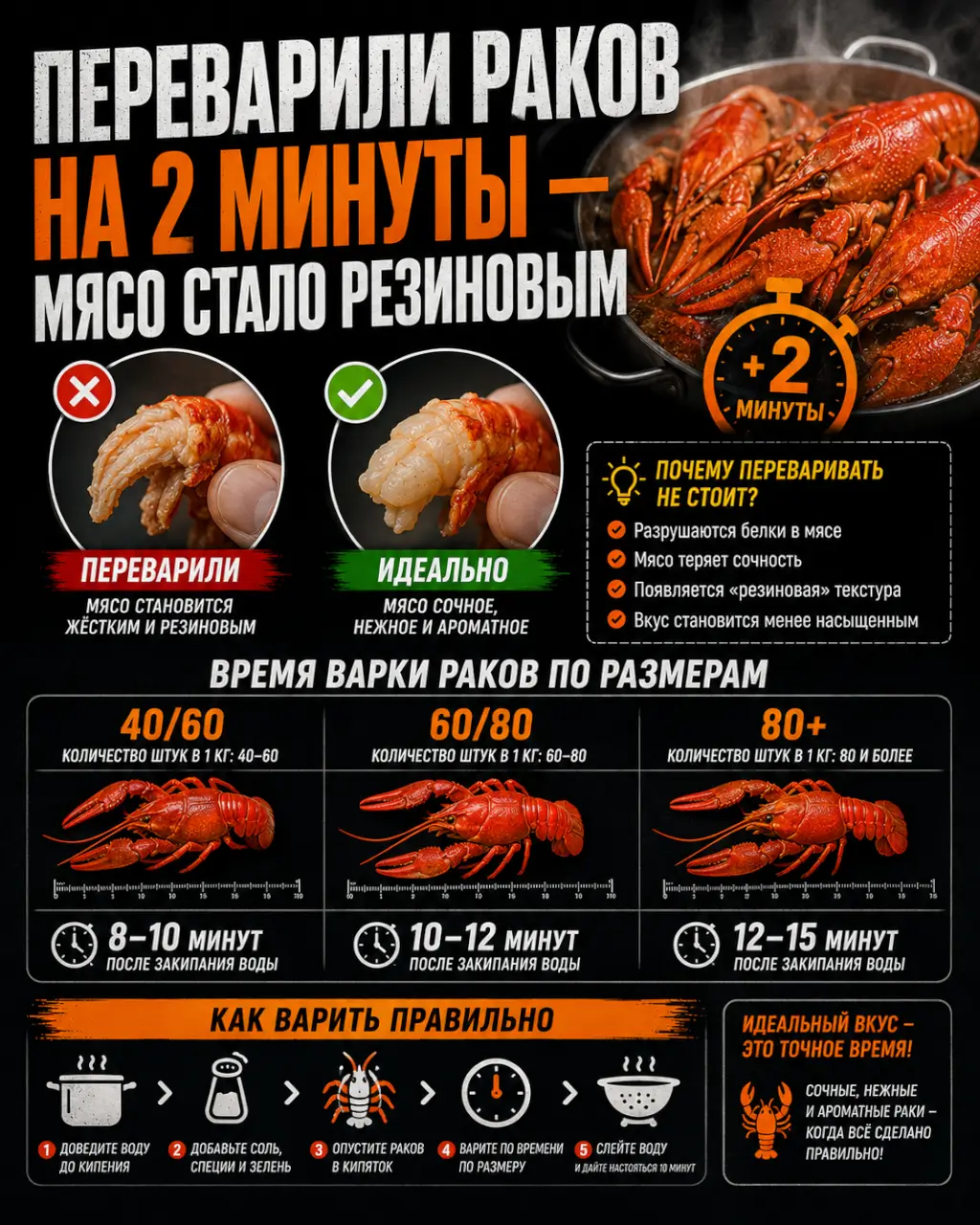 Переварили раков на 2 минуты — мясо стало резиновым. Время варки по размерам 40/60, 60/80, 80+ — фото 1 из 1