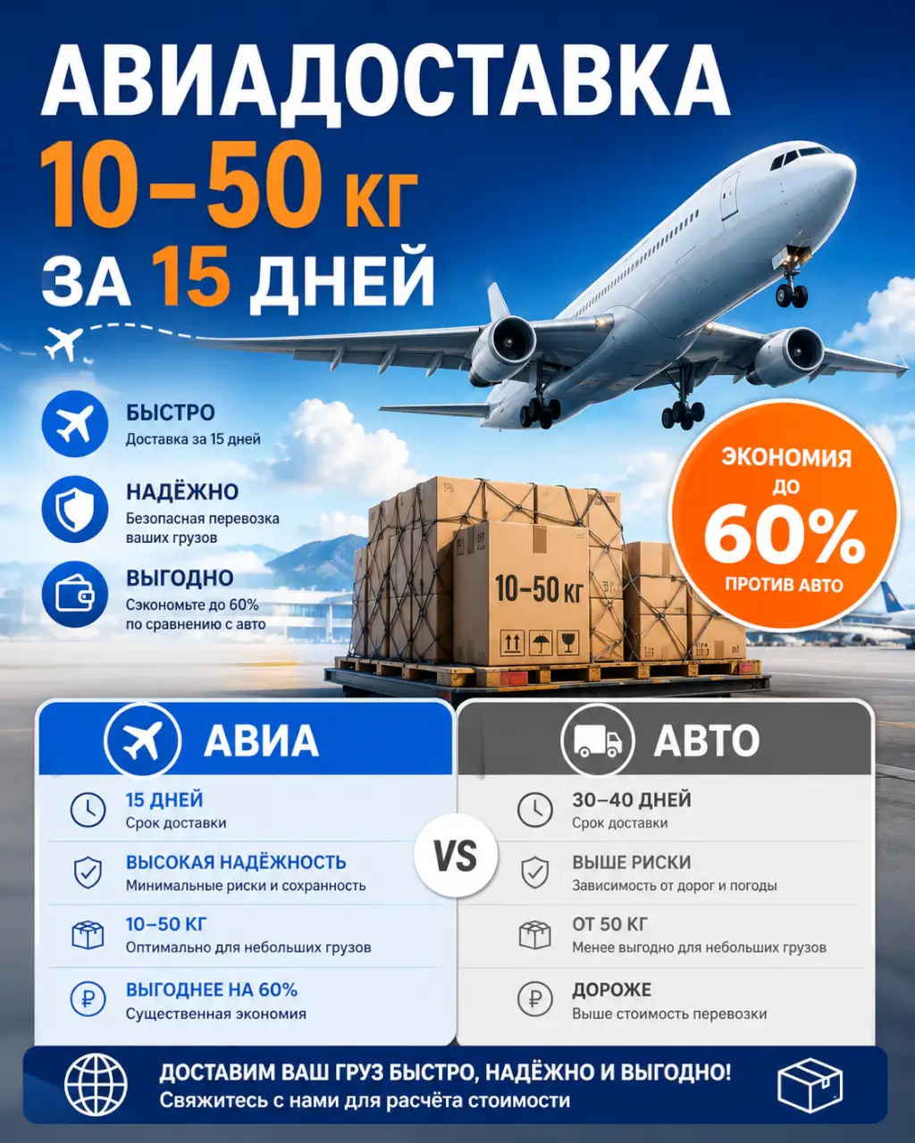 Авиадоставка 10–50 кг за 15 дней — экономия до 60% против авто — фото 1 из 1