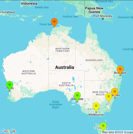 Map of Australia with colored markers styled in a circular gradient