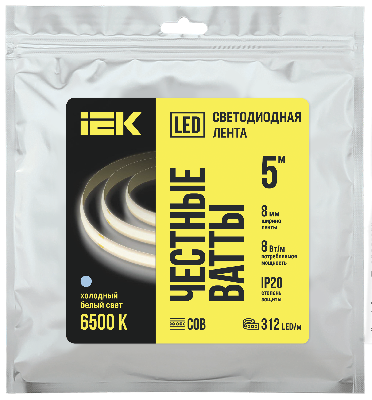 Лента LED 5м COB-312LED 8Вт/м IP20 8мм 24В 6500К IEK