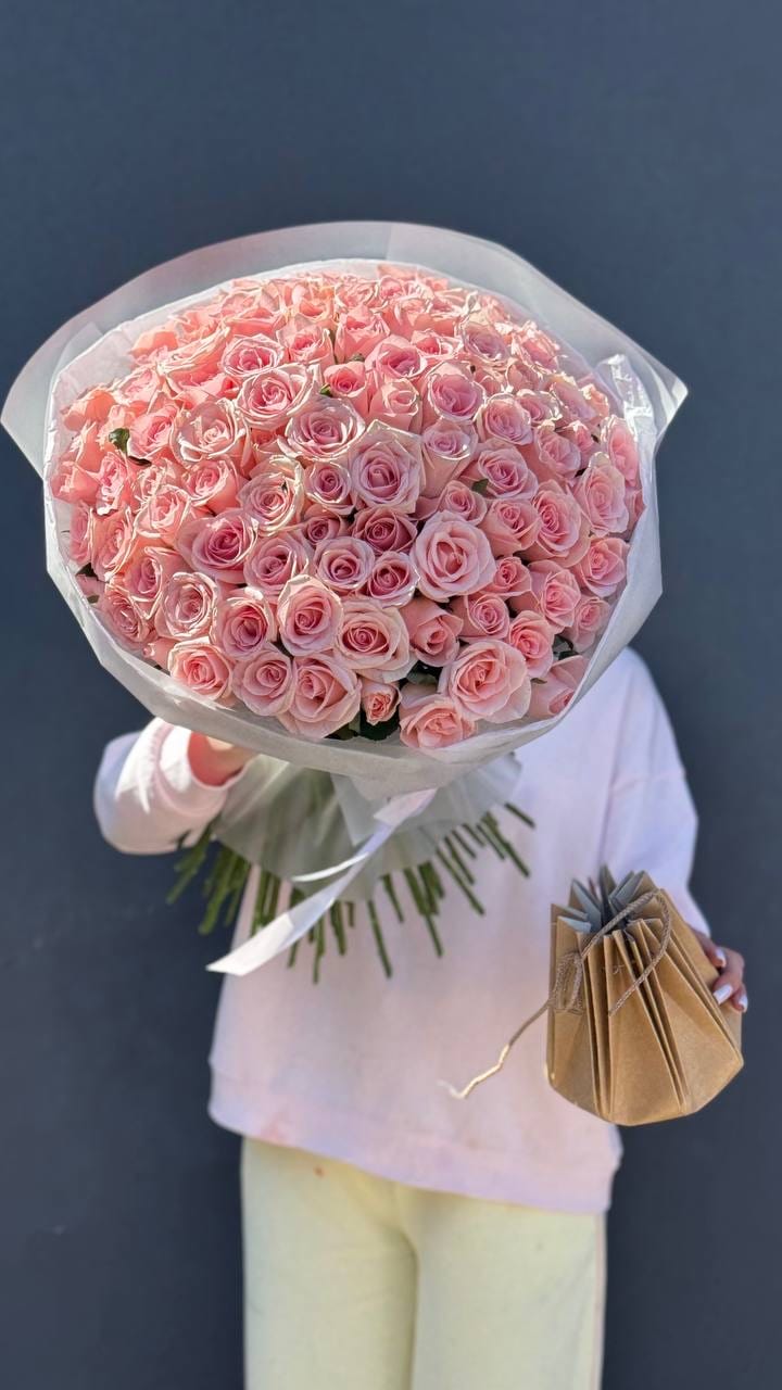 Букет из 101 розовой розы, 50см. «Розовая симфония» — фото 5