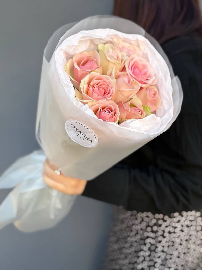 Букет из 9 нежно-розовых роз 9 штук, 50см "Зефирная мармеладность"