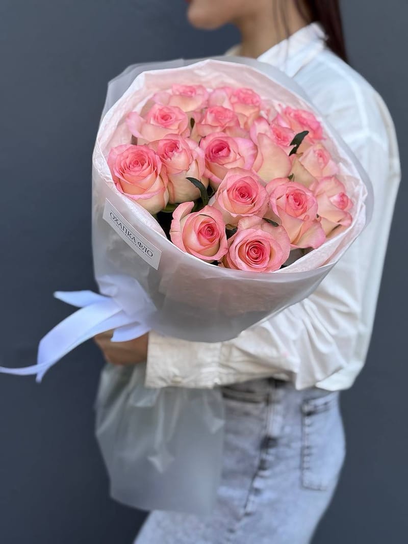 Букет роз розово-белых 15 шт. 50см. "Розовая симфония 2". — фото 2
