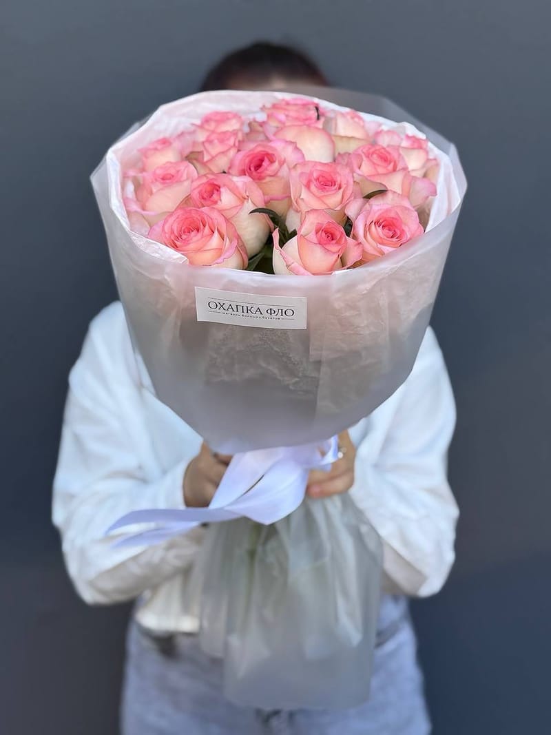 Букет роз розово-белых 15 шт. 50см. "Розовая симфония 2". — фото 3