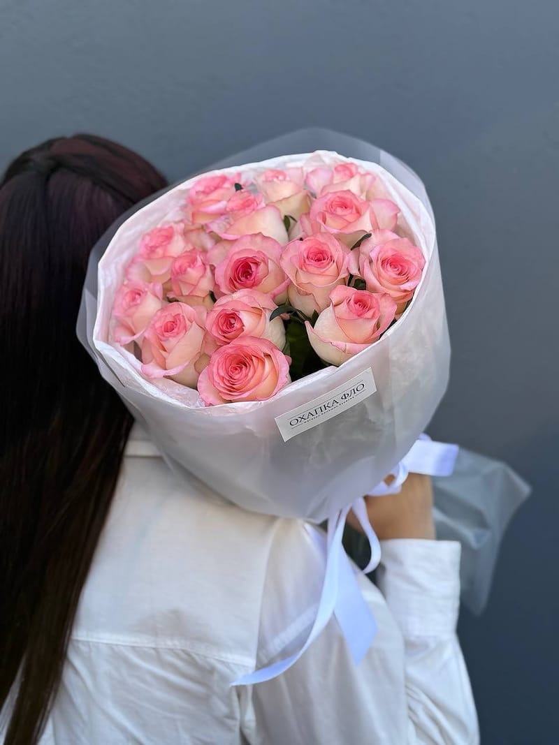 Букет роз розово-белых 15 шт. 50см. "Розовая симфония 2". — фото 4