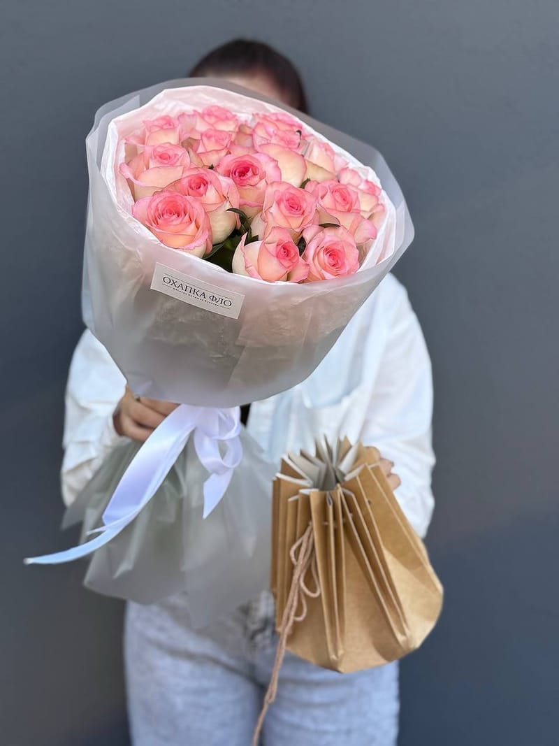 Букет роз розово-белых 15 шт. 50см. "Розовая симфония 2". — фото 6