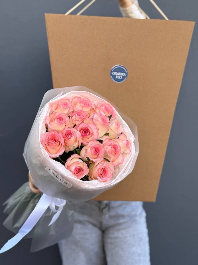 Букет роз розово-белых 15 шт. 50см. "Розовая симфония 2". — фото 7