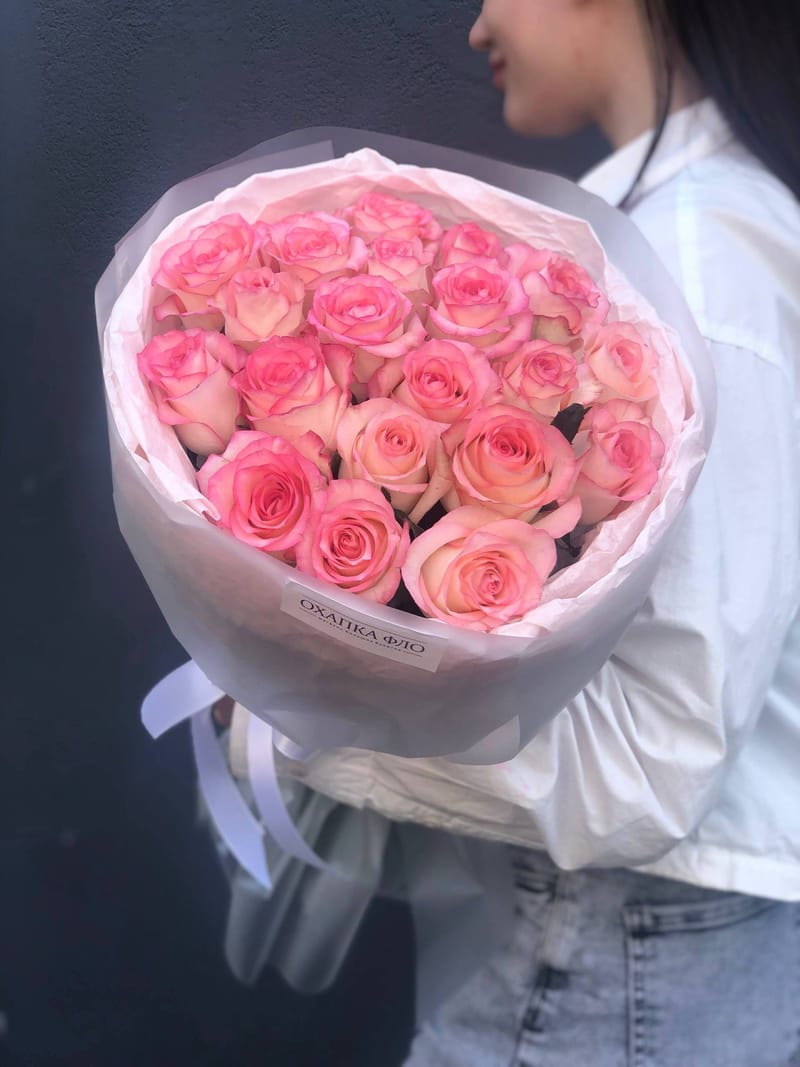 Букет роз розово-белых 21 шт. 50см. "Розовая симфония 2". — фото 2