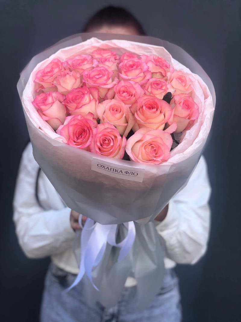 Букет роз розово-белых 21 шт. 50см. "Розовая симфония 2". — фото 3