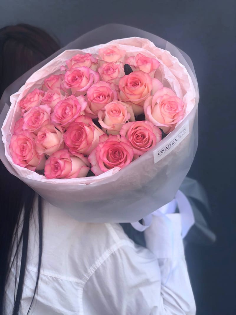 Букет роз розово-белых 21 шт. 50см. "Розовая симфония 2". — фото 5