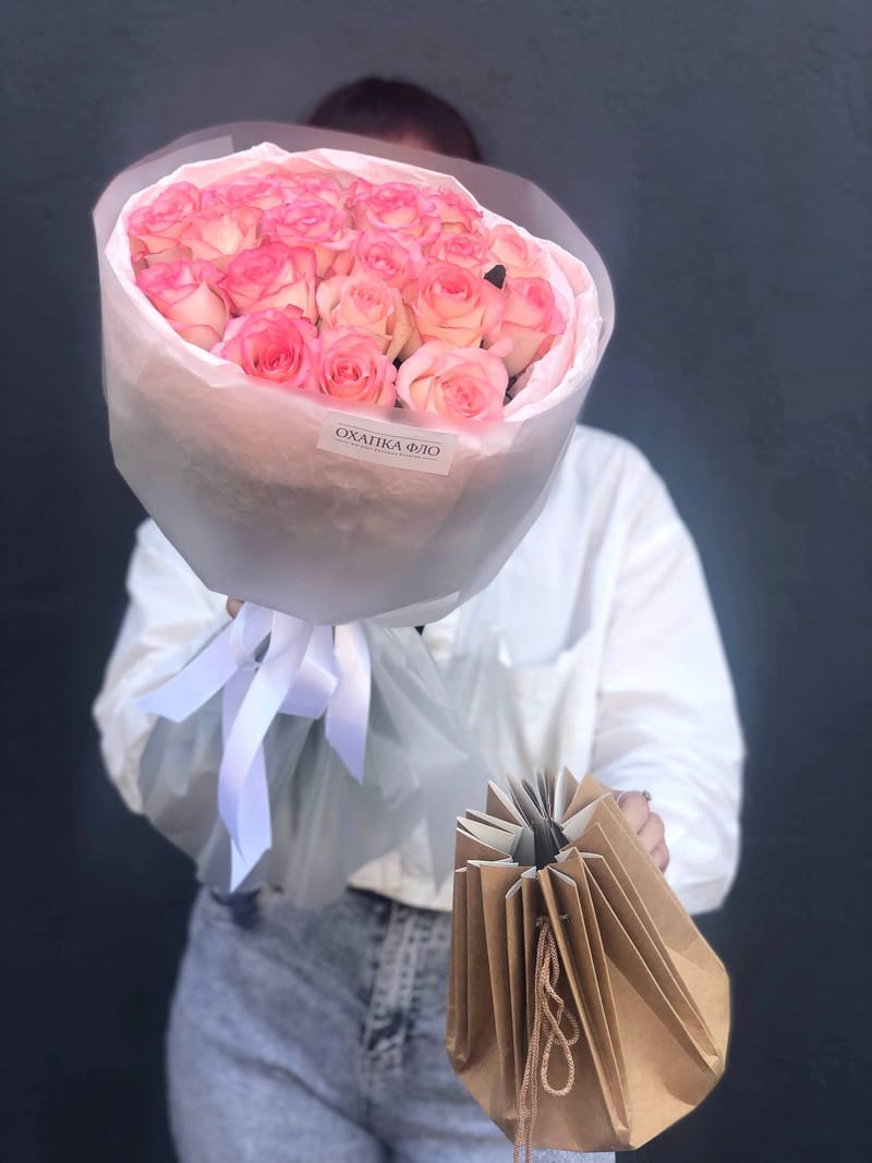 Букет роз розово-белых 21 шт. 50см. "Розовая симфония 2". — фото 6