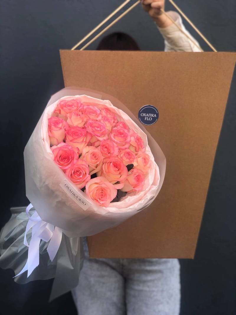 Букет роз розово-белых 21 шт. 50см. "Розовая симфония 2". — фото 7