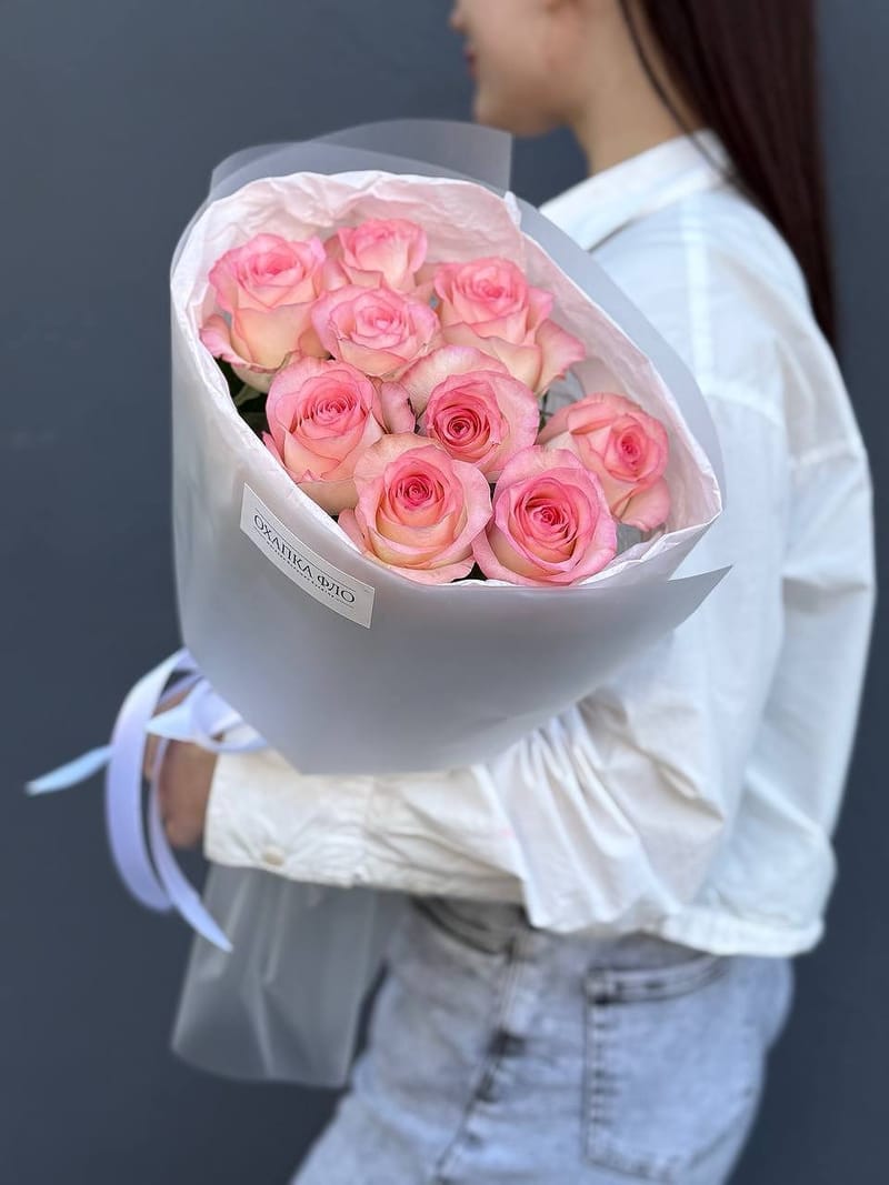 Букет роз розово-белых 9 шт 50см. "Розовая симфония 2".