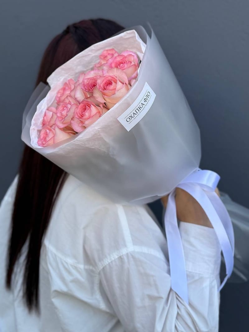 Букет роз розово-белых 9 шт 50см. "Розовая симфония 2". — фото 3