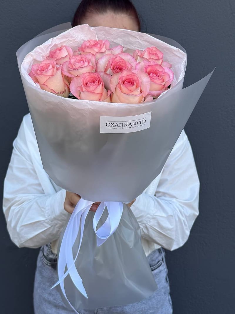 Букет роз розово-белых 9 шт 50см. "Розовая симфония 2". — фото 4