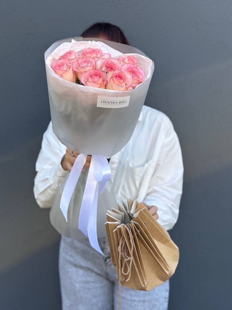 Букет роз розово-белых 9 шт 50см. "Розовая симфония 2". — фото 6