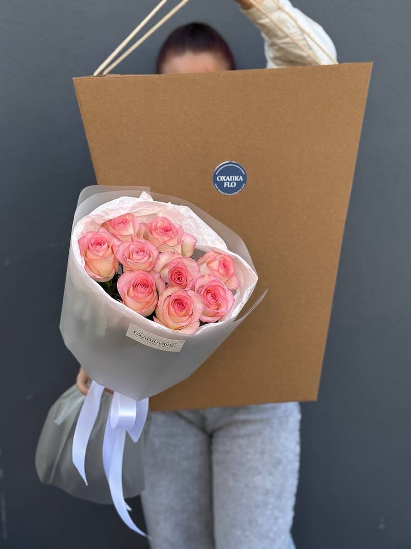 Букет роз розово-белых 9 шт 50см. "Розовая симфония 2". — фото 7