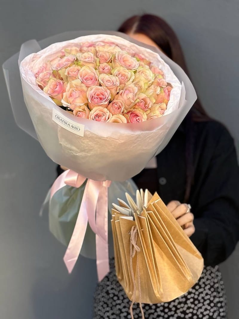 Букет розовых роз." 41 штук", 50см — фото 6