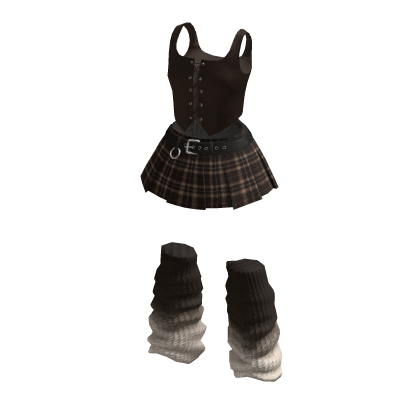 Brown Plaid Skirt Leg Warmers Set by Nitaa