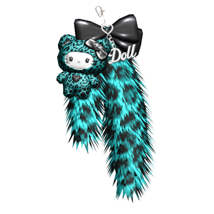 Teal Scene Kitty Plushie Fur Keychain Black Bow